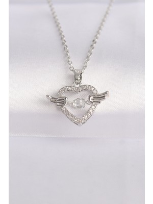 Nuveden Ieg™ 316L Çelik Zincir Gümüş Renk Zirkon Taşlı Kanatlı Kalp Kolye NVDN-RSBJT34