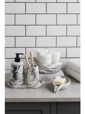 UltraMint Şık 5 Parça Mermer Desenli Oval Banyo Seti: Sabunluk, Diş Fırçalık, Tepsi, Havluluk