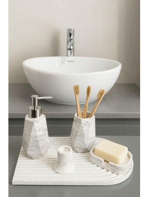 UltraMint Mermer Desenli 5 Parça Banyo Seti Sabunluk, Diş Fırçalık, Mumluk, Tepsi
