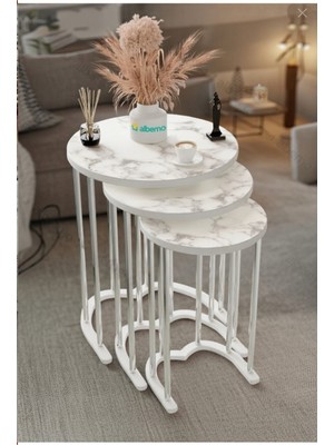 Teknor Gümüş Beyaz Mermer Mdf 3 Lü Yuvarlak C Zigon Sehpa