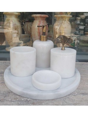 UltraMint Beyaz Mermer Desenli 5 Parça Banyo Seti, Şık ve Modern Tasarım