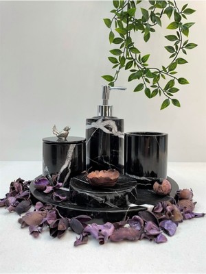 UltraMint Şık Siyah Mermer ve Gümüş Kuş Temalı 5'li Banyo Seti Takımı