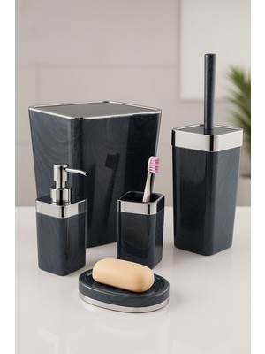UltraMint Akrilik 5 Parça Kare Banyo Seti, Parlak Gri-Gümüş Tasarım