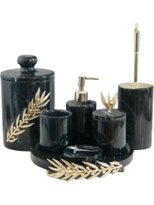 UltraMint Şık Siyah Mermer ve Altın Zeytin Dalı Detaylı Banyo Seti 7'li