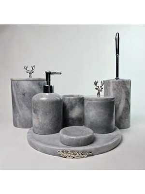 UltraMint Gümüş ve Gri Mermer Tasarımlı 7 Parçalı Banyo Seti, Şık ve Fonksiyonel