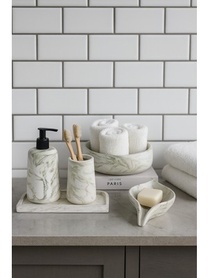 UltraMint Şık 5 Parça Mermer Desenli Oval Banyo Seti, Sabunluk, Diş Fırçalık ve Havluluk