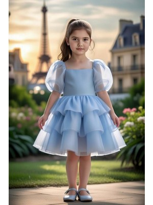 Riccotarz Kız Çocuk Kare Yaka Üzeri Kat Kat Pliseli Balon Kollu Kabarık Mavi Abiye