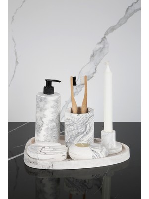 UltraMint Mermer Desenli 6 Parça Banyo Seti, Katı ve Sıvı Sabunluk, Mumluk, Tütsülük, Diş Fırçalığı