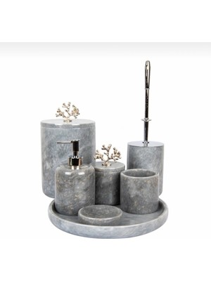 UltraMint Gri Mermer ve Mercan Detaylı 7'li Banyo Seti, Şık ve Zarif Tasarım