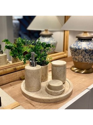 UltraMint Bej Mermer ve Gümüş Detaylı 5'li Banyo Seti Takımı, Şıklık ve Fonksiyon Bir Arada