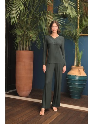 Aria's Closet Arias Closet Uzun Kollu Önü Düğmeli V Yaka Pijama Takımı