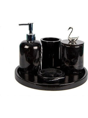 UltraMint Şık Siyah Mermer ve Gümüş Kuş Detaylı 5'li Banyo Seti Takımı