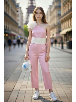 Riccotarz Kız Çocuk Beli Şerit ve Omuzunda Broş Detaylı Tek Omuz Pembe Tulum