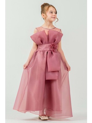 Mnk Baby & Kids Kız Çocuk Organze Tül Çiçek ve Fiyonk Detaylı Gipe Sırtlı Prenses Abiye Elbise M00800