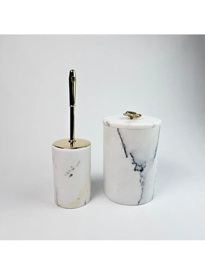UltraMint Şık Mermer Çöp Kovası ve Fırça Seti, Modern Ev Dekoru Aksesuarı