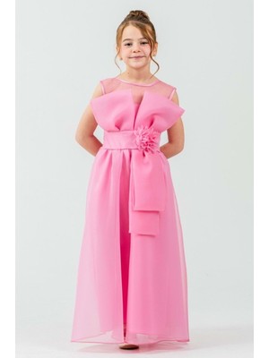 Mnk Baby & Kids Kız Çocuk Organze Tül Çiçek ve Fiyonk Detaylı Gipe Sırtlı Prenses Abiye Elbise M00800