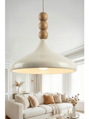 Marrien Nova Bohem Ahşap 3 Boncuklu Krem Metal Sarkıt (35 cm) Yemek Masası Üstü Avize