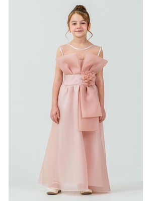 Mnk Baby & Kids Kız Çocuk Organze Tül Çiçek ve Fiyonk Detaylı Gipe Sırtlı Prenses Abiye Elbise M00800