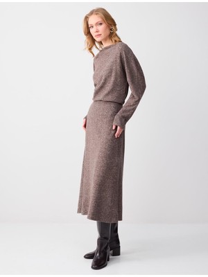 Jimmy Key Acı Kahve Kayık Yaka Yarasa Kol Yumuşak Dokulu Örme Midi Elbise