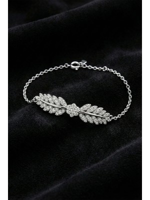 Erdobia 925 Ayar Rodyum Zirkon Taşlı Yaprak Motifli Işıltılı Gümüş Bileklik