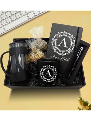 As Gift Kişiye Özel Siyah Defter & Siyah Kupa & French Press & Siyah Kalem & Ihlamur & Ada Çayı Hediye Seti