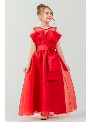 Mnk Baby & Kids Kız Çocuk Organze Tül Çiçek ve Fiyonk Detaylı Gipe Sırtlı Prenses Abiye Elbise M00800