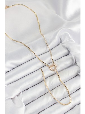 Pirinç Zirkon Taşlı Ezme Zincirli Kalp Model Gold Renk Y Kolye - Lisinya