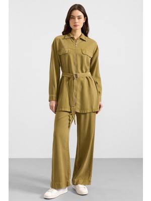 Olcay Fermuar Kapamalı Ceket Pantolon Soft Denim Ikili Takım Yağ Yeşili 9395-TK