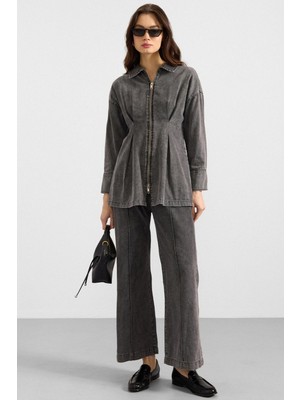 Olcay Fermuar ve Pens Detaylı Ceket Pantolon Denim Ikili Takım Gri 9396-TK