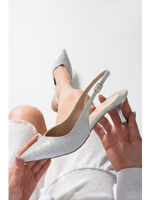 dababshoes Aurelıa Kadın Gümüş Sivri Burun Slingback 6 cm Ince Topuk Parlak Simli Abiye Ayakkabı