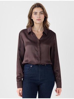 Jimmy Key Acı Kahve Uzun Kollu Rahat Kesim Saten Gömlek