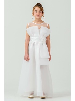 Mnk Baby & Kids Kız Çocuk Organze Tül Çiçek ve Fiyonk Detaylı Gipe Sırtlı Prenses Abiye Elbise M00800