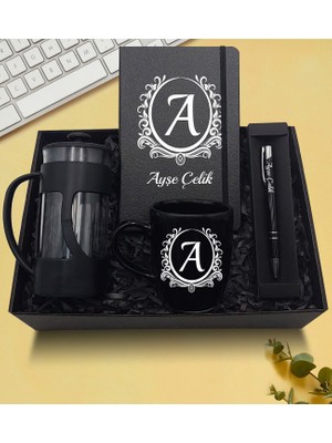 As Gift Kişiye Özel Siyah Defter & French Press & Siyah Kupa & Siyah Kalem Hediye Seti