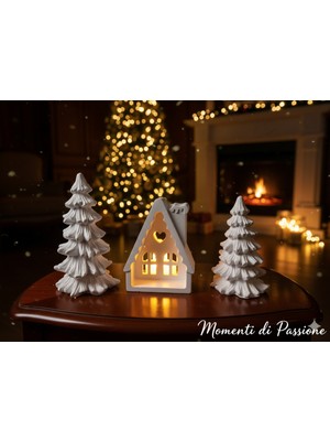 Momenti Di Passione Lüks Kış Konsepti 3’lü Dekoratif Set; El Yapımı Beyaz Taş Tozu Küçük Ev ve Büyük-Küçük Çam Ağacı Hediyelik Biblo
