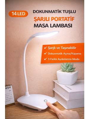 Ecuy Dokunmatik 14 LED Şarjlı Portatif Masa Lambası USB Akrobatik Beyaz Işık 3 Mod LED Işık