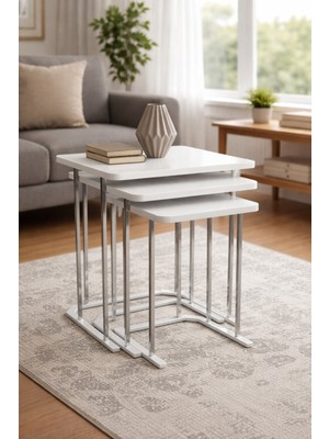 Teknor Tokyo Gümüş Beyaz Mdf 3 Lü Kare C Zigon Sehpa