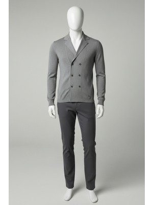 Elevli Erkek Triko Kruvaze Ceket Yaka Ince Hırka Gri