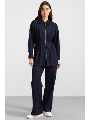 Olcay Fermuar ve Pens Detaylı Ceket Pantolon Denim Ikili Takım Lacivert 9396-TK