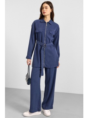 Olcay Fermuar Kapamalı Ceket Pantolon Soft Denim İkili Takım İNDİGO 9395-TK