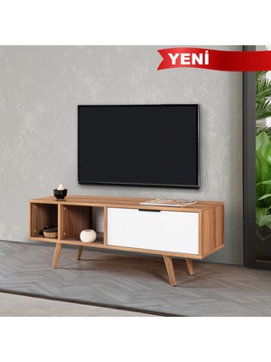 EVMO Home 3344 Venüs Tv Ünitesi 130 cm ( Ahşap Ayaklı , Metal Kulplu ) Söğüt - Beyaz