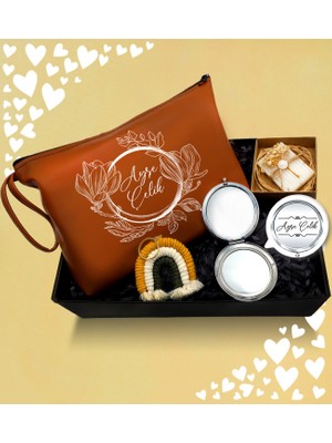 As Gift Sevgililer Günü Temalı Kişiye Özel Kahverengi Makyaj Çantası &  Ayna & Anahtarlık & Kokulu Sabun Hediye Seti