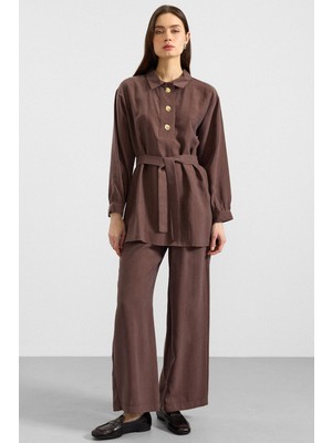 Olcay Metal Düğmeli Soft Kumaş Tunik Pantolon Ikili Takım Kahve 9397-TK