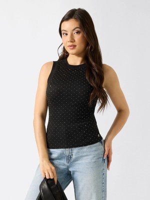 Guess Kolsuz Francine Büzgülü Taş Işlemeli Kadın Siyah  Bluz W6GP14K2940-JBLK