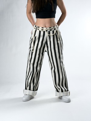 Cocopelli Çizgili Kadın Baggy Kot Pantolon COC2836