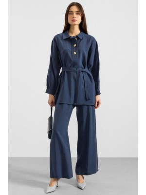 Olcay Metal Düğmeli Soft Kumaş Tunik Pantolon Ikili Takım Indigo 9397-TK