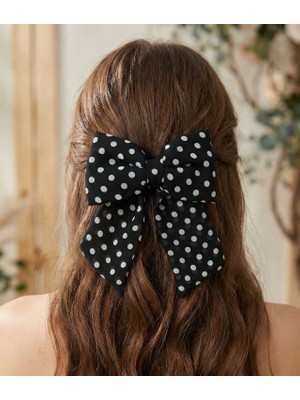 JZ Moda Z Moda Siyah Beyaz Puantiyeli Otomatik Tokalı Kurdele Toka - Retro Fiyonk Saç Aksesuarı