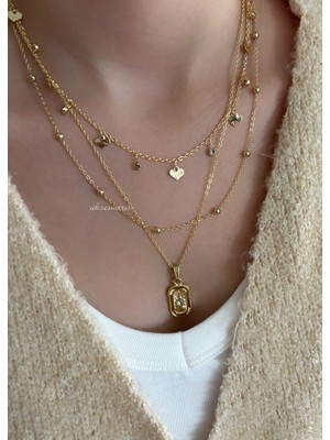 Aksesuaris 3'lü Gold Zincir Kalp ve Zirkon Taş Detay Kadın Kolye