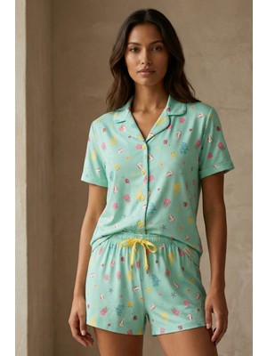 Kadın Sea La Vie Denizaltı Desenli Düğmeli Pijama Takımı Mavi