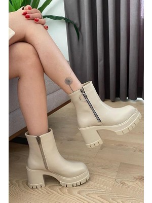 Difolia Kadın Alara Krem Cilt Fermuarlı  8 cm  Platfom Topuklu  Bot