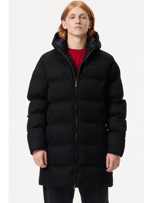 Lacoste Down Fill Mens Parka Sabit Kapüşonlu Kaz Tüyü Erkek Fitilli Parka Siyah